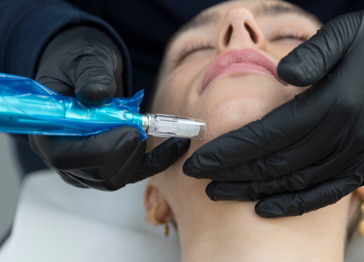 Woman having microneedling treatment to her chin