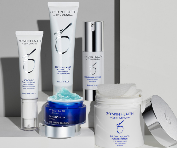An arrangement of skincare products from ZO Skin Health