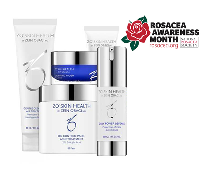 ZO Skin health care products with rosacea awareness week logo